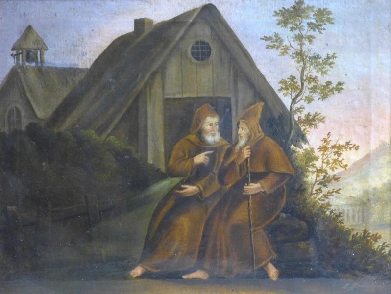 L. Berger ?: Gemälde 2 Mönche im Gespräch vor Haus sitzend, bergige Landschaft