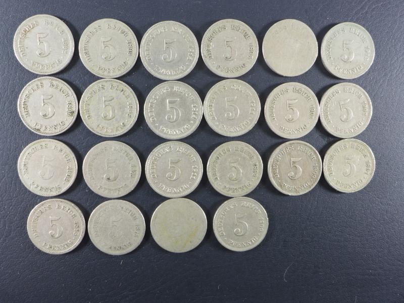 22 Münzen je 5 Pfennig, Deutsches Reich 1875 bis 1914