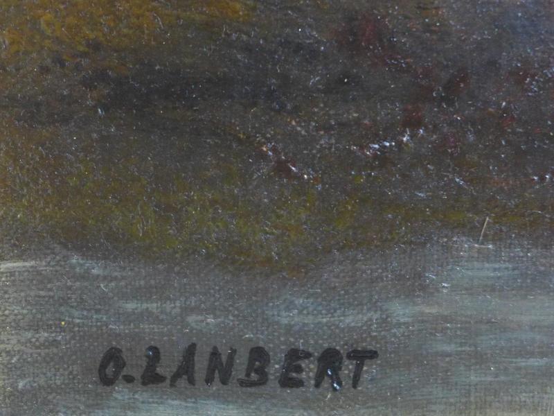 O. Lanbert: Gemälde Holzsammlerin in der Dämmerung, Landschaft mit Birken
