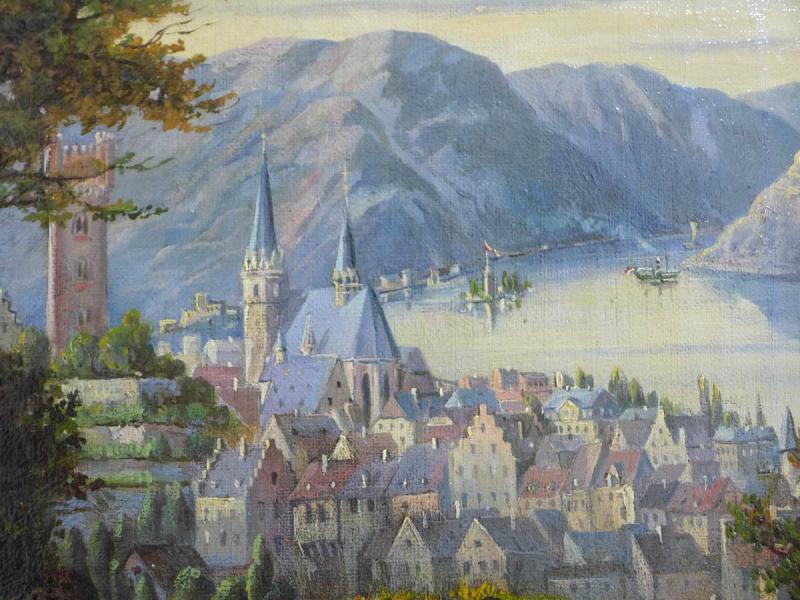 v. Molsberg (18)77: Gemälde Ansicht Stadt mit Kirche und Burg, dahinter Flußlauf mit Schiffen und weiterer Burg