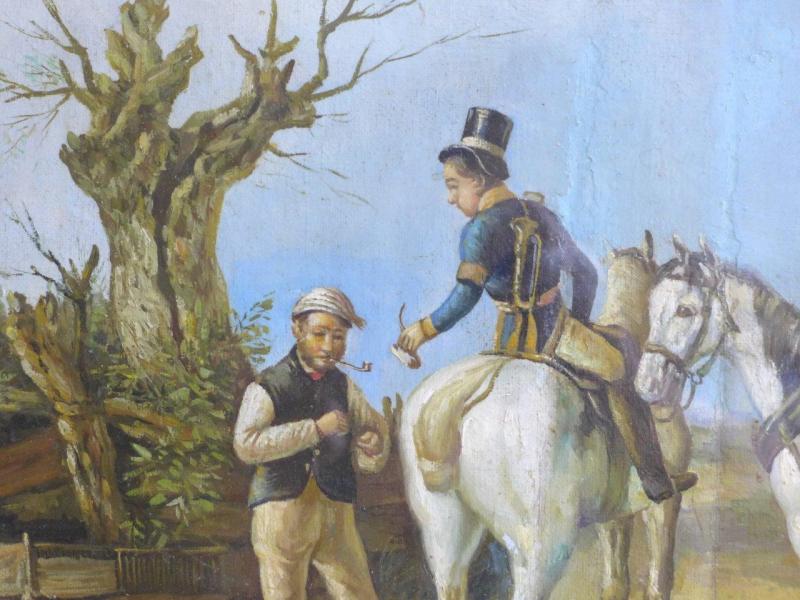 Monogrammist EE oder EF: Gemälde Genrebild Postreiter, Postillon zu Pferd, eine Pfeife anzündend