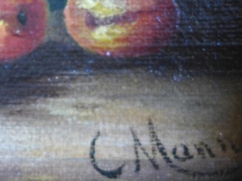 C. Mann: Gemälde Stilleben mit Henkelkrug, Schale, Rettich, Pfirsich und anderen Früchten