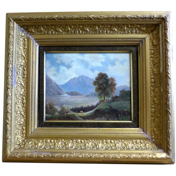 Jäkle, ..87?: Gemälde Landschaft mit Gehöft und Personen, im Hintergrund Berge