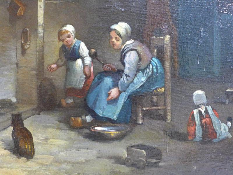 van Haa...: Gemälde Interieur, Mutter mit zwei Kindern und Katze vor Kamin