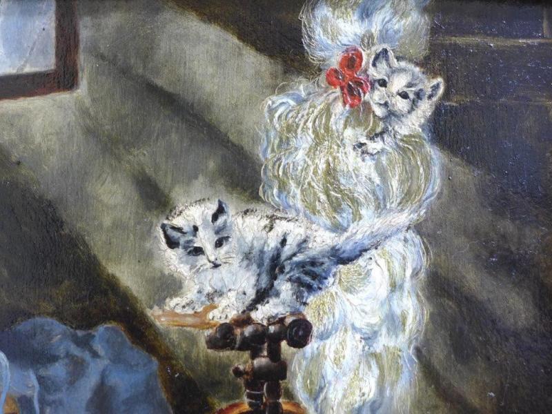 Monogrammist KF: Gemälde Katzen mit Spinnrad