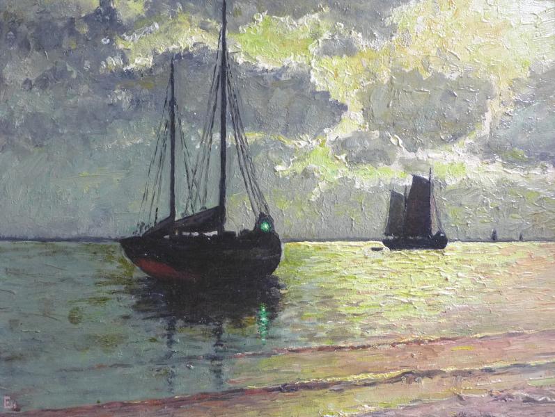 Monogrammist EH: Gemälde Boote auf See. Öl/Hartfaserplatte