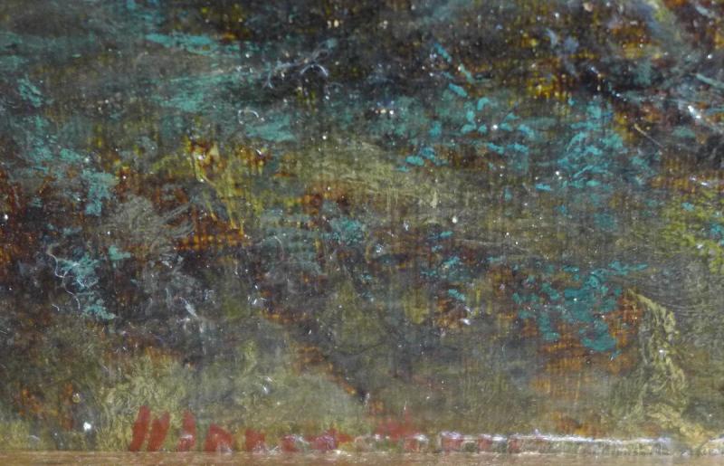 Gemälde Waldlandschaft mit Personen, im Hintergrund Stadt
