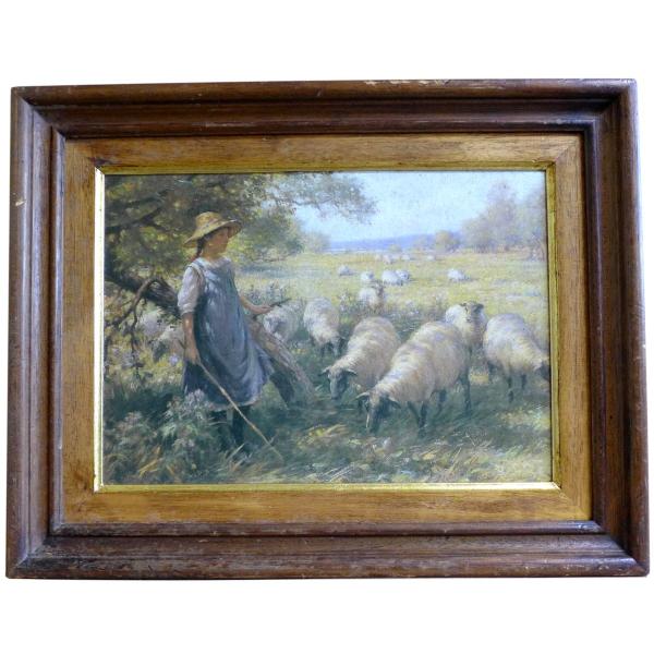 Kunstdruck mit Struktur, Schafe hütendes Mädchen