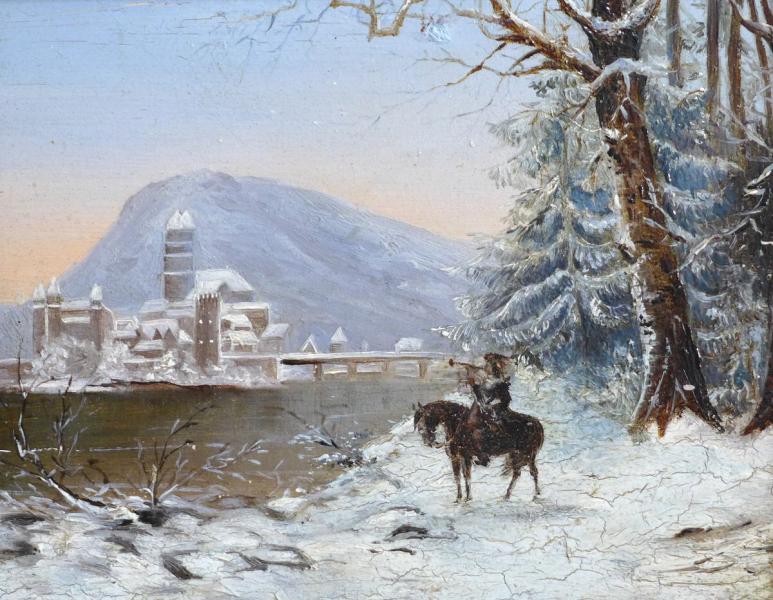 Gemälde Winterlandschaft mit Reiter mit Fanfare, im Hintergrund Schloß