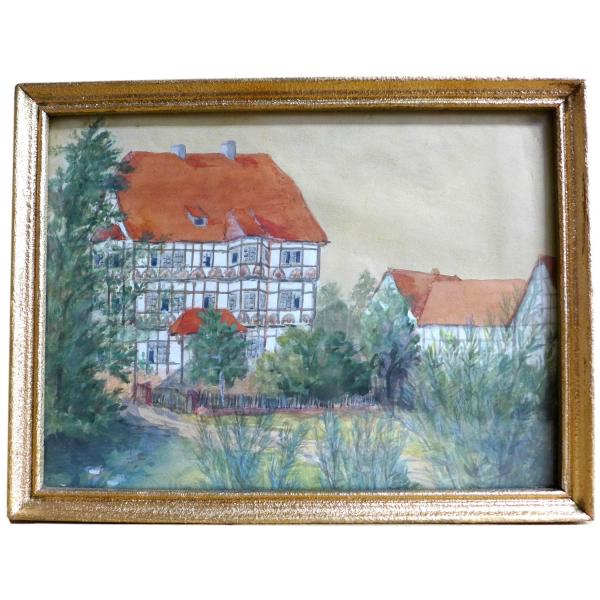 Gemälde Ansicht Fachwerkhäuser mit Bäumen