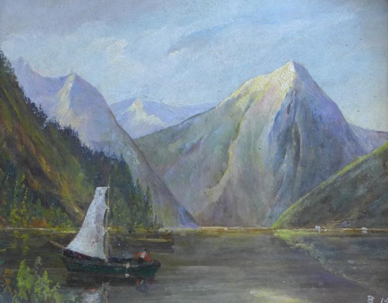 Monogrammist B. M.: Gemälde Segelboot auf See in Berglandschaft
