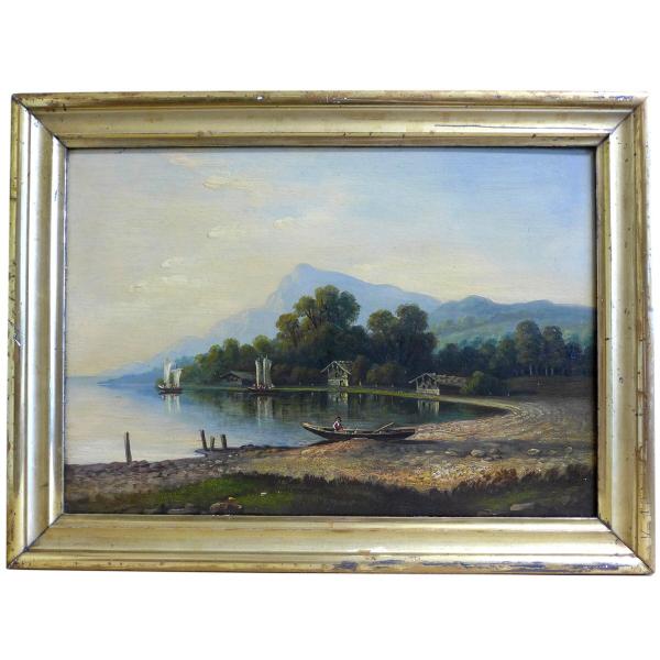 Gemälde See mit Booten und Häuser, im Hintergrund Berge