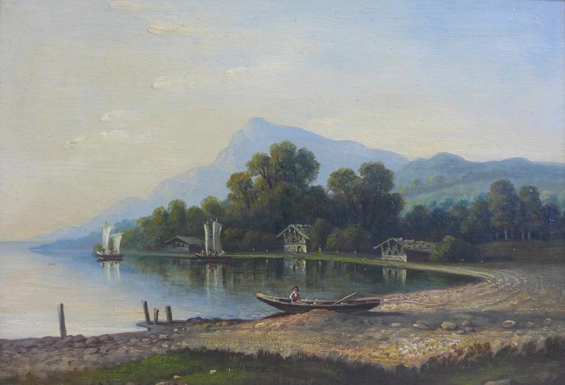 Gemälde See mit Booten und Häuser, im Hintergrund Berge