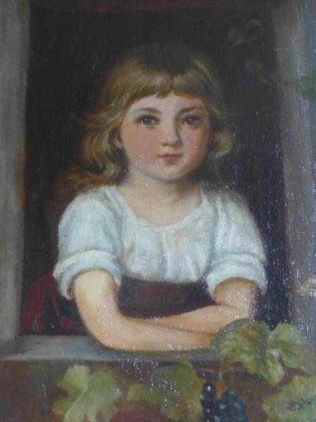 Monogrammist E. F.: Gemälde Kinderportrait Mädchen, aus einem Fenster schauend.