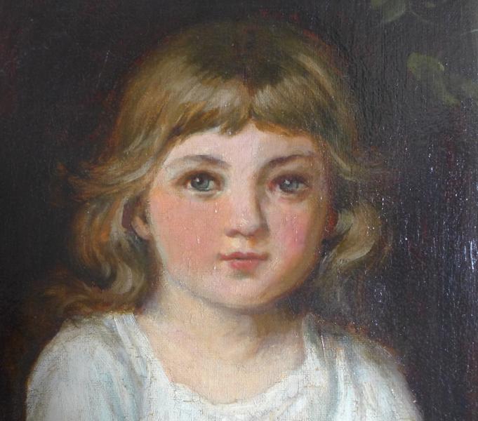 Monogrammist E. F.: Gemälde Kinderportrait Mädchen, aus einem Fenster schauend.