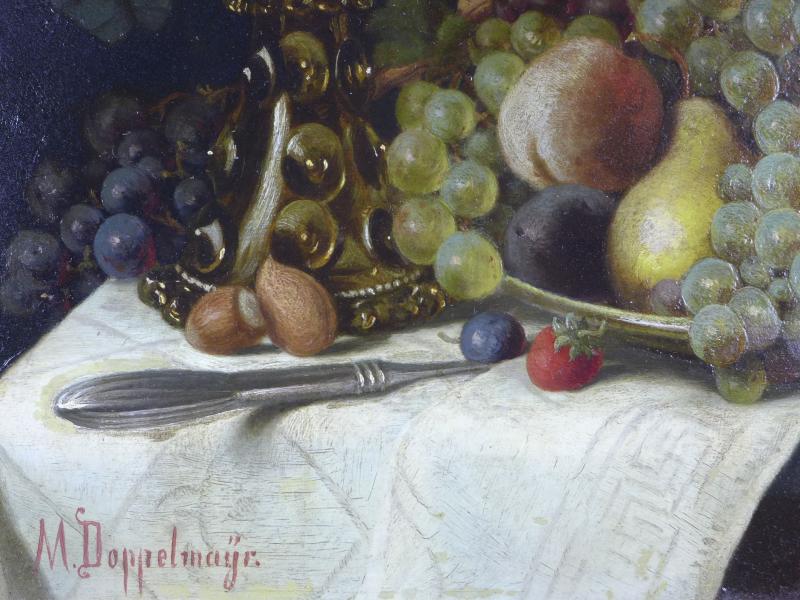 Doppelmayr, M.: Gemälde Stilleben mit Früchten und Glaskelch, Öl auf Holz, 25,5 x 33 cm
