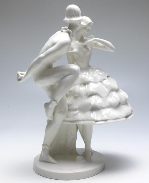 Figur Harlekin mit Balletteuse, Claire Volkhart, Schwarzburger Werkstätten, weiß, H: 33,5 cm