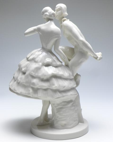 Figur Harlekin mit Balletteuse, Claire Volkhart, Schwarzburger Werkstätten, weiß, H: 33,5 cm