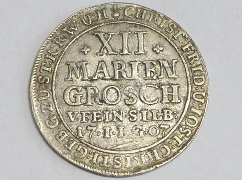 Münze Ausbeutegroschen, 12 Mariengroschen, 1711 G, Stolberg-Stolberg, Feinsilber