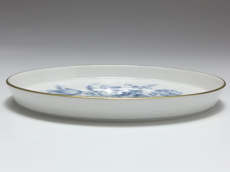 Platte oval, Meissen, Blumen Bukett mit Rose, Aquatinta schieferblau, L: 18 cm