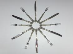 Besteck Set 12tlg.: Obstbesteck 6x Messer und 6x Gabel, 835er Silber, Dekor Rose
