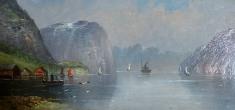 A. Lorenz, Anfang 20. Jh.: Gemälde Fjord Landschaft mit Booten und Häusern. Öl / Holz
