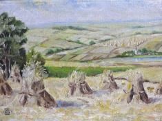 Ed. Schleusing: Gemälde Landschaft mit Strohgarben, im Hintergrund See mit Dorf