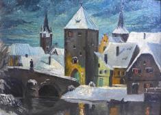 H. Geipel, 1922: Gemälde Stadtansicht, Brücke mit Stadttor, im Winter
