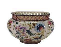 alter Cache pot, ovale Schale, Keramik, Zsolnay Pecs, Ungarn, florales Dekor, B: 24 cm