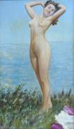 W. Sommer: Gemälde Stehender Mädchenakt am See. Öl/Platte