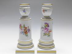 Paar Kerzenleuchter, Meissen, 1850-1924, Blumen und Insekten, H: 14 cm
